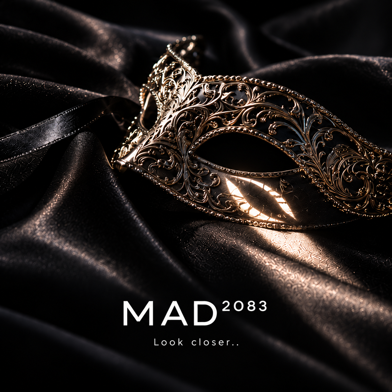 An ornate metallic mask resting on black silk in MAD2083 campaign artwork