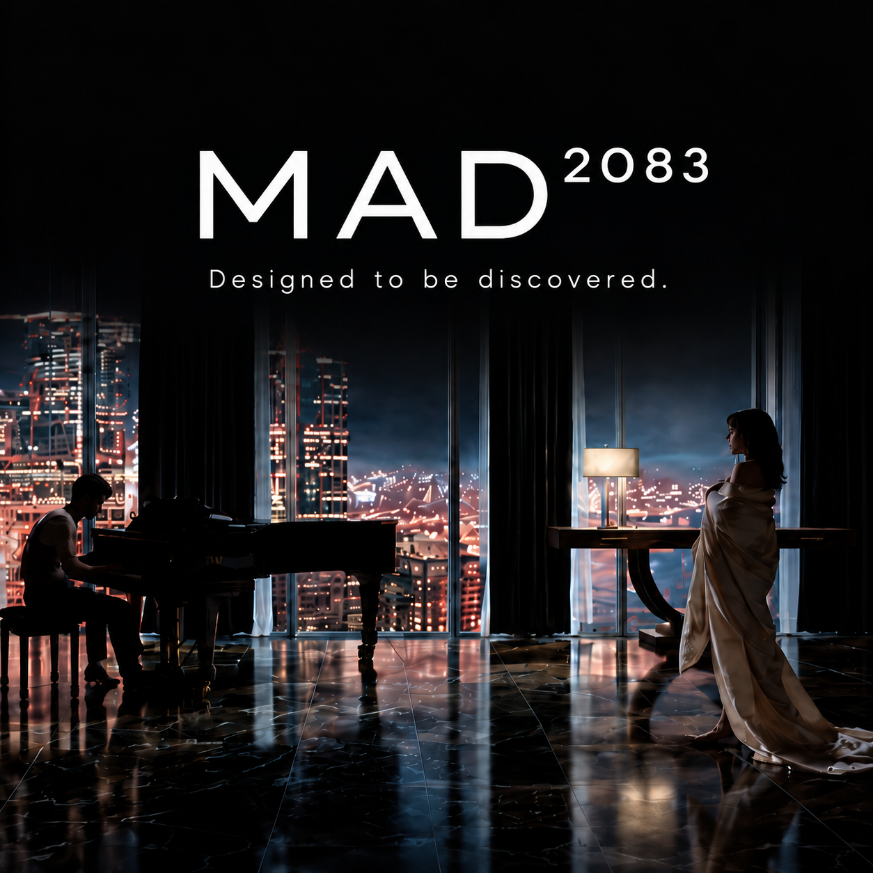 MAD2083 brand launch artwork over a cinematic city penthouse at night